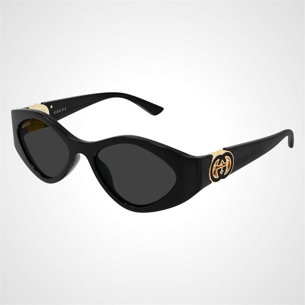 New GUCCI Sunglasses Black Gold Oval Cat Eye Womens Grey Lens 52-17-135mm